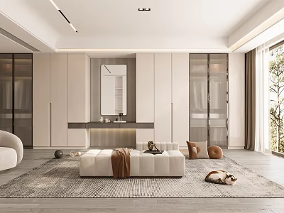 Modern Walk-in Closet Interior Design With White Cabinets Mirror Bench And Soft Rug 3d model