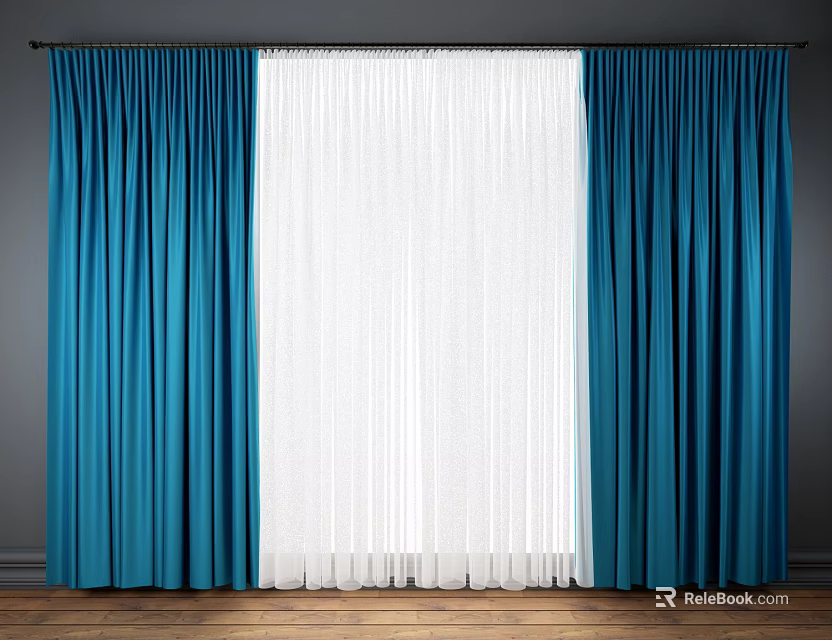 Blue Curtains With White Sheer Panel On Dark Wall And Wooden Floor 3d model 