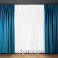 Blue Curtains With White Sheer Panel On Dark Wall And Wooden Floor