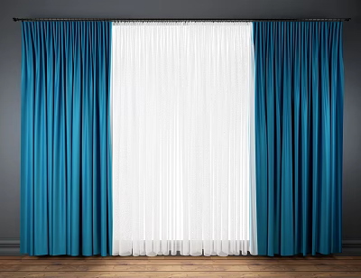 Blue Curtains With White Sheer Panel On Dark Wall And Wooden Floor 3d model