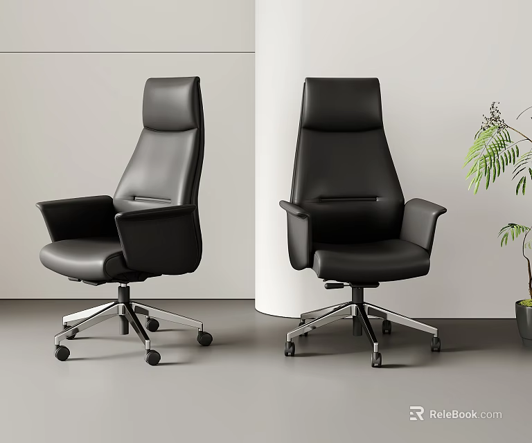 Modern Black Leather Office Chair with High Backrest Armrest Metal Base and Swivel Wheels 3d model 