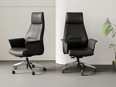 Modern Black Leather Office Chair with High Backrest Armrest Metal Base and Swivel Wheels 3d model