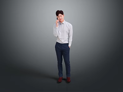 A Man Talking On The Phone Wearing White Shirt Dark Blue Pants And Red Shoes 3d model