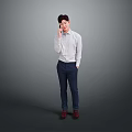 A Man Talking On The Phone Wearing White Shirt Dark Blue Pants And Red Shoes