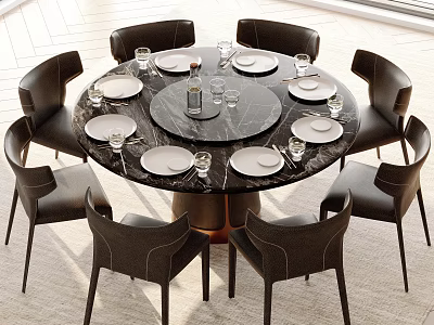 Modern Round Dining Table Set With Marble Top And Black Leather Chairs 3d model