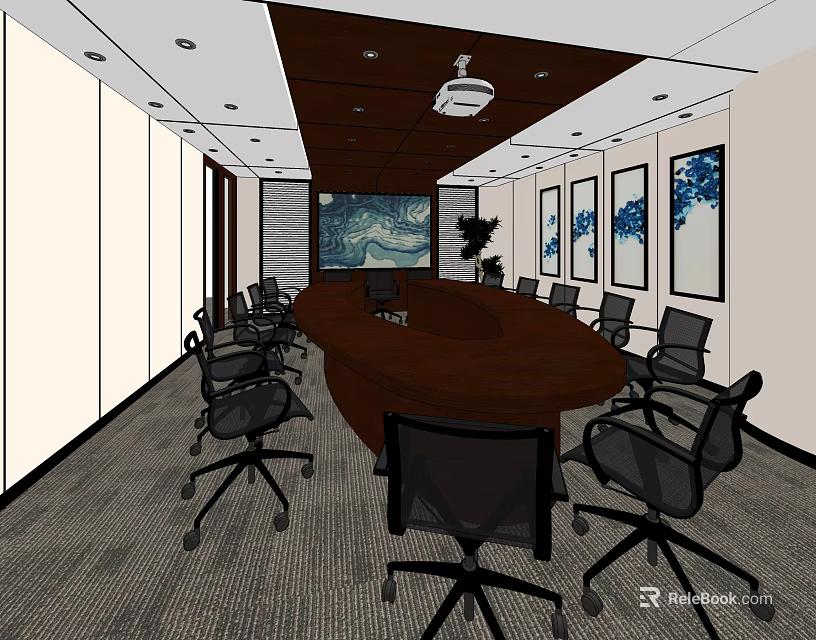 Modern Conference Room Interior With Round Table Black Chairs Projector And Wall Paintings 3d model 