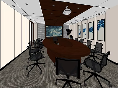 Modern Conference Room Interior With Round Table Black Chairs Projector And Wall Paintings 3d model