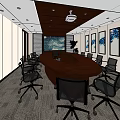 Modern Conference Room Interior With Round Table Black Chairs Projector And Wall Paintings