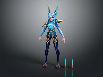 Fantasy Character With Mythical Creature Horned Design Blue And Gold Armor Tight-Fitting Outfit Glowing Weapons 3d model