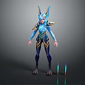 Fantasy Character With Mythical Creature Horned Design Blue And Gold Armor Tight-Fitting Outfit Glowing Weapons