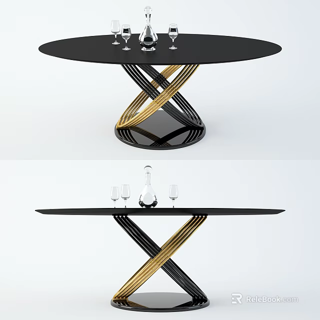 Modern Black Dining Table With Gold And Black Intertwined Legs And Wine Glasses 3d model 