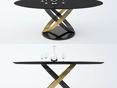 Modern Black Dining Table With Gold And Black Intertwined Legs And Wine Glasses 3d model