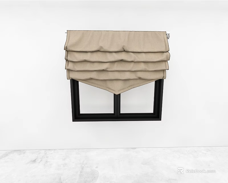 Simple Pleated Beige Roman Curtain on Black Window Frame with White Wall Background 3d model 