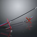 Traditional Japanese Swords With Red Blue Accents And Silver Blades On Dark Reflective Background
