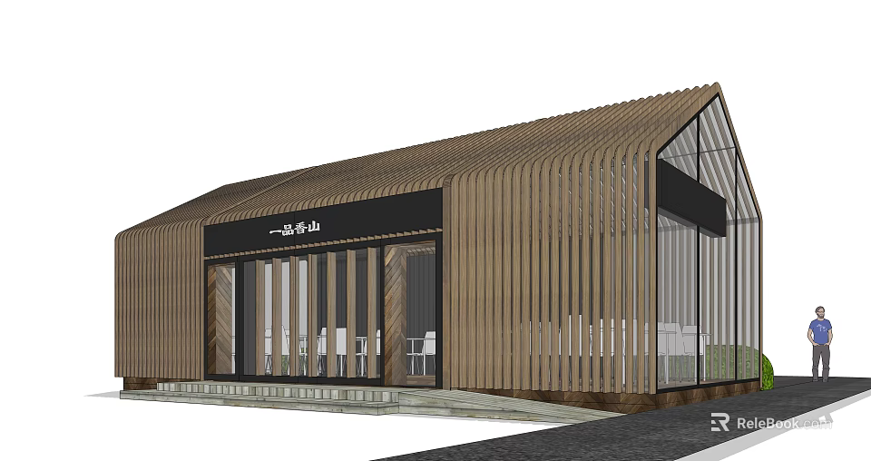 Modern Cafe Building With Wooden Vertical Slats Glass Windows And Entrance Seating 3d model 