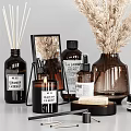 Stylish Modern Bathroom Accessories With Brown Bottles Soap Bar Candle And Decorative Elements