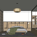 Modern Wooden Bedroom Interior With Woven Pendant Light Green Throw Blanket Nightstands Blinds And Plants