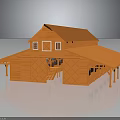 Orange Barn Style Building With Gabled Roof Double Door Small Windows And Porch Columns