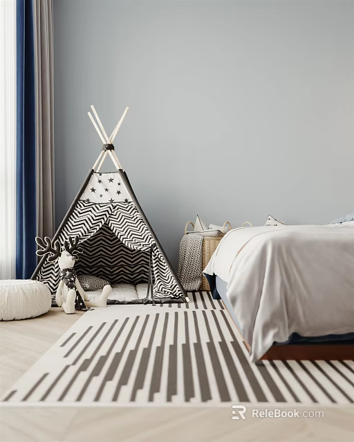 Kids Room Interior With Teepee Tent Deer Toy Striped Rug And Bed 3d model 