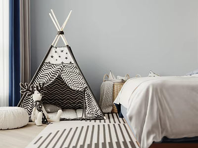 Kids Room Interior With Teepee Tent Deer Toy Striped Rug And Bed 3d model