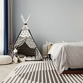 Kids Room Interior With Teepee Tent Deer Toy Striped Rug And Bed