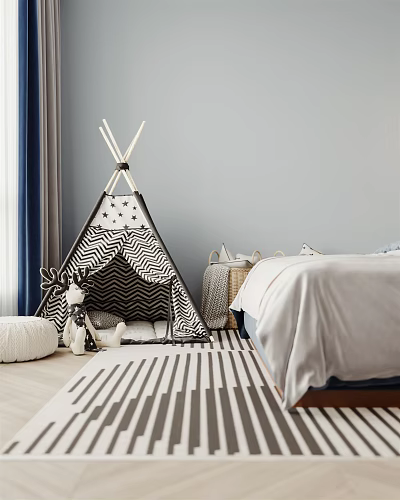 Kids Room Interior With Teepee Tent Deer Toy Striped Rug And Bed 3d model