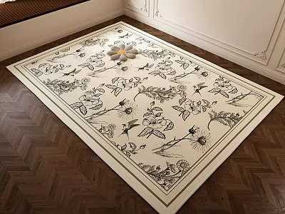Square Rug With Intricate Black White Floral Bird Patterns On Herringbone Wooden Floor 3d model
