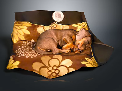Cute Brown Puppy Sleeping Comfortably on Floral Pattern Dog Bed with Yellow Accents 3d model