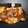 Cute Brown Puppy Sleeping Comfortably on Floral Pattern Dog Bed with Yellow Accents