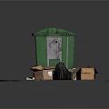 Green Trash Bin With Black Garbage Bags And Open Cardboard Boxes On Ground