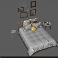 Double Bed with Striped Bedspread Decorative Pillows Side Tables and Wall Frames in Bedroom 3d model