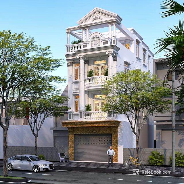 Three Story Detached Villa Featuring White Exterior Ornate Balconies Garage And Lush Trees 3d model 