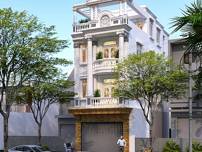 Three Story Detached Villa Featuring White Exterior Ornate Balconies Garage And Lush Trees 3d model