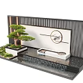 Zen Garden Feature Wall With Flowing Water Potted Pine And Circular Decorative Screen 3d model