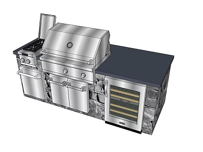 Outdoor Kitchen Design With Stainless Steel Grill Stovetop Wine Cooler Stone Walls And Dark Countertop 3d model