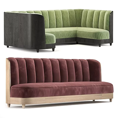 Green Corner Sofa And Burgundy Bench Sofa With Velvet Upholstery And Wooden Frame 3d model