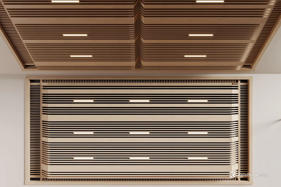 Modern Ceiling Design With Wooden Stripes And Built In Lights 3d model 