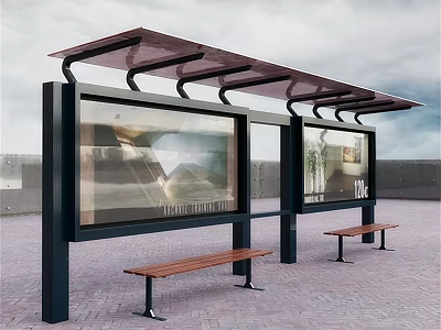 Modern Bus Stop Sunshade Shelter With Advertising Billboards And Wooden Benches 3d model