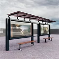 Modern Bus Stop Sunshade Shelter With Advertising Billboards And Wooden Benches