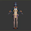 3D Fantasy Character Model With Blue Hair Headdress Light Top Yellow Skirt Arm Decorations And Orange Shoes
