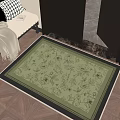Entryway Hallway Interior With Green Floral Patterned Rug Dark Doors And Wooden Floor