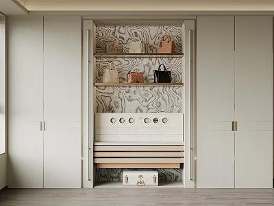 Modern White Wardrobe Interior Design With Marble Backdrop And Storage Bags 3d model