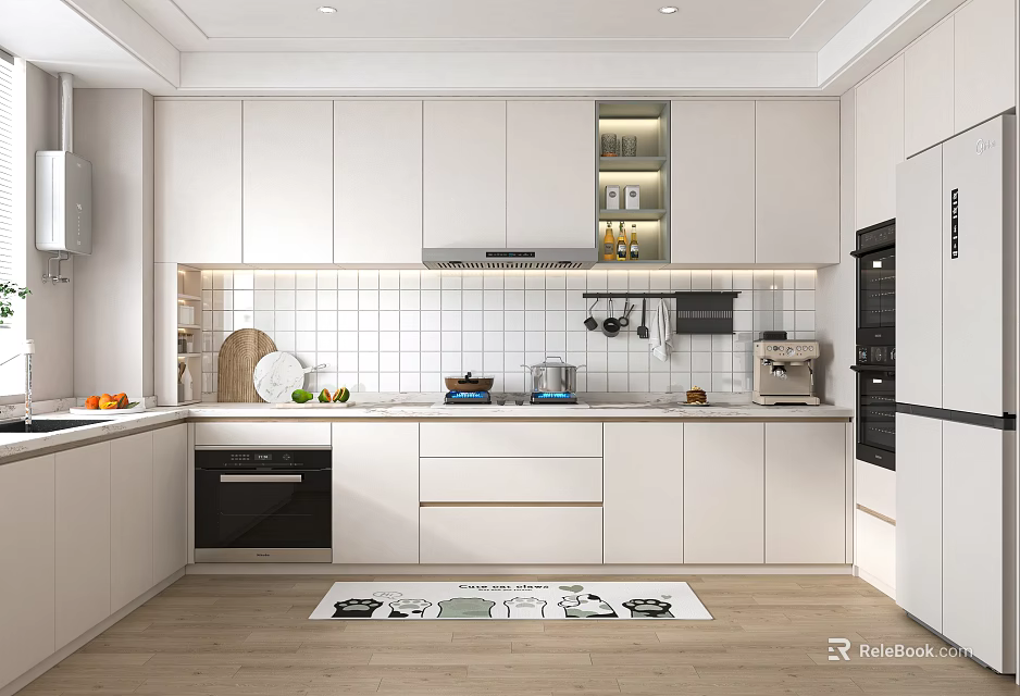 Modern Kitchen Interior Design With White Cabinets Island Counter Tile Backsplash And Appliances 3d model 