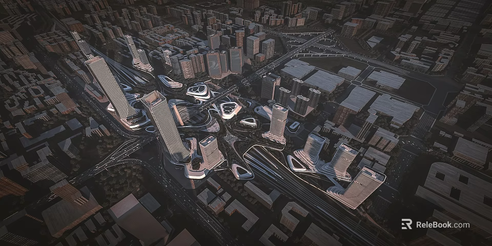 Modern Urban Aerial View With High Rise Buildings Road Network And Architectural Design 3d model 