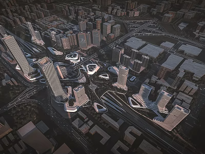 Modern Urban Aerial View With High Rise Buildings Road Network And Architectural Design 3d model