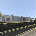 Modern Building Exterior With White Facade Black Vertical Strips Green Trees People Walking Street View