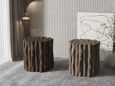 Dark Brown Wooden Stools With Wavy Textured Design In Modern Interior Space 3d model