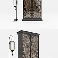 Dark Colored Double Door Wardrobe With Butterfly Carving And Ornate Patterns Plus Side Decorative Lantern