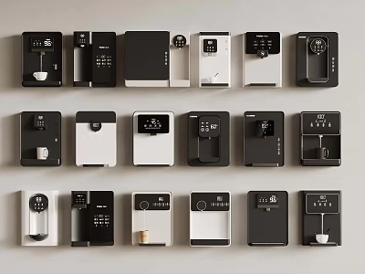 Various Black And White Coffee Machines With Different Designs On 3d model