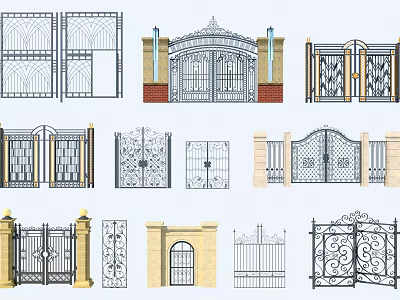Building Exterior Wall With Various Wrought Iron Gate And Fence Designs 3d model